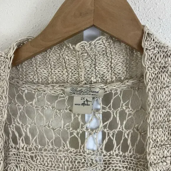 Lucky Brand Open Knit Crochet Duster Cardigan Womens 2XB Tan Boho Western - Picture 3 of 4